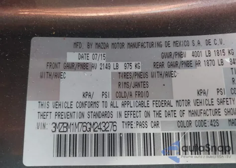 2016 Mazda Mazda3 I Touring из США, поврежденный, VIN 3MZBM1M76GM243276